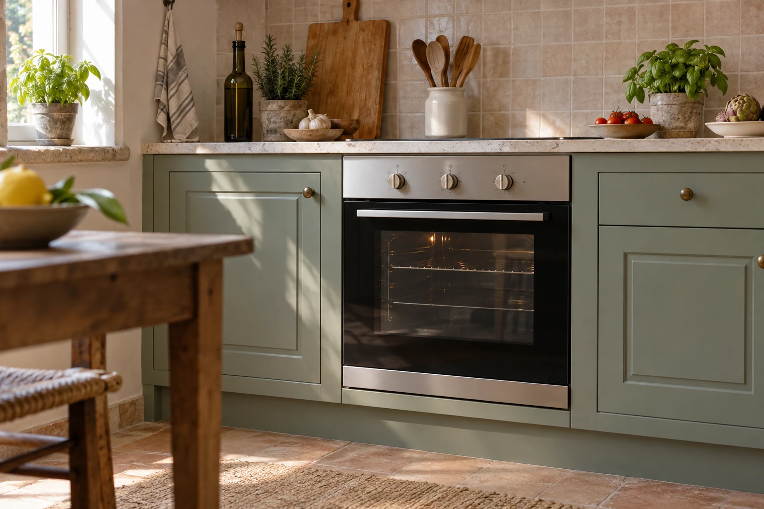 Forno incassato nero e acciaio in una cucina verde con piante e utensili sul piano