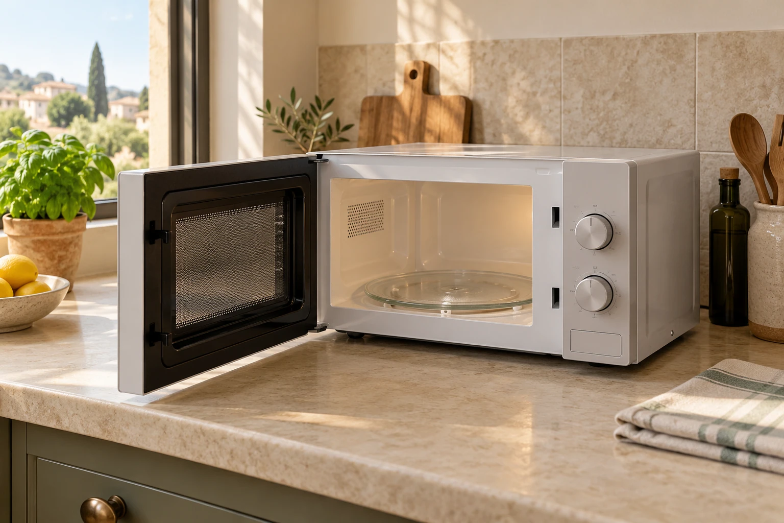 Forno a microonde aperto su piano cucina con piatto girevole visibile e luce accesa